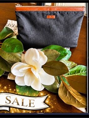 Gucci Vintage GG Monogram Nylon Clutch/Pouch w/Genuine Leather Trim